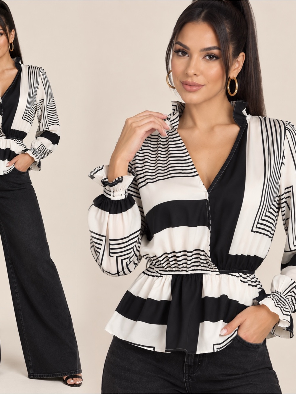 Sweet Rain Black & White Striped Peplum Blouse